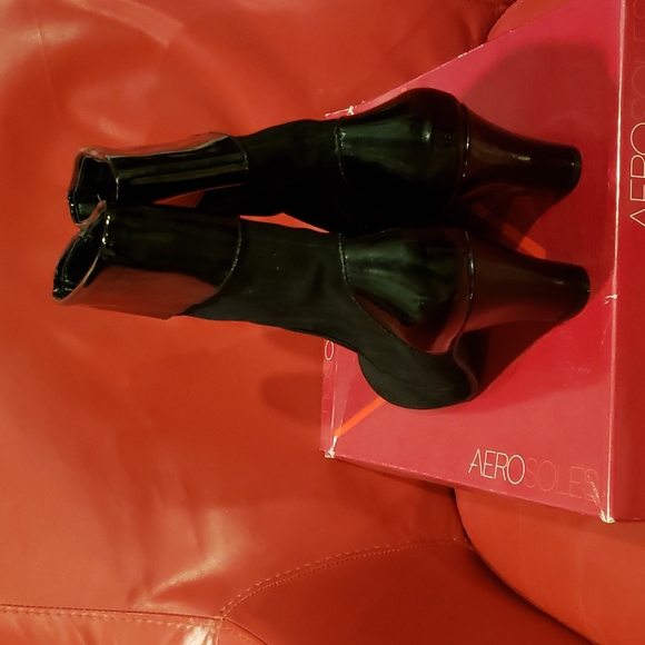 Aerosoles NEW Suede Leather Comfort Heel Boots Booties Patent Contrast BLACK 10M - Picture 5 of 16